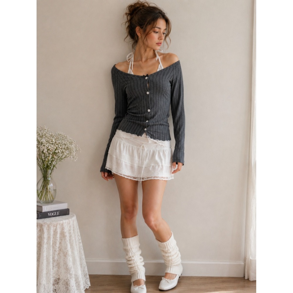ROMWE Balletcore Off Shoulder Lace Trim Ribbed Top Gray Long Sleeve Sz 6 Y2K